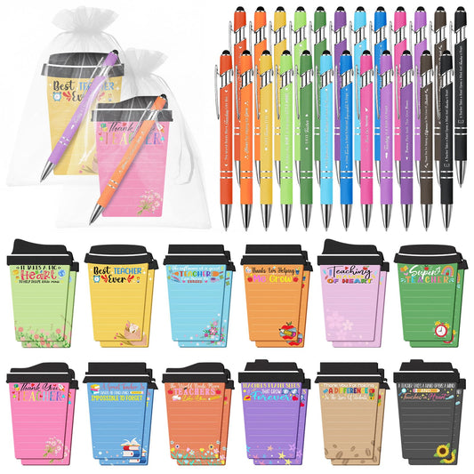 Mkway 24 Set Teacher Appreciation Gifts Bulk - 24 Coffee Cup Notepad+ 24 Ballpoint Pens+ 24 Drawstring Gift Bags, Bulk Gifts for School Office Christmas Teacher's Day Coworker Nurse Employee