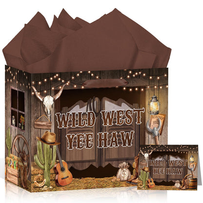 MOORIIY Western Cowboy Gift Bag with Tissue Paper and Greeting Card, Rustic Cowboy Birthday Gift Bag Wild West Wrapping Paper Bag for Boys Girls Birthday, Western Rodeo, Baby Shower Party Supplies