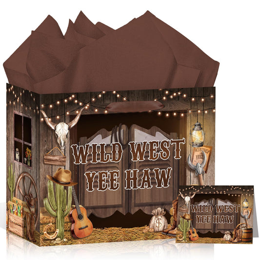 MOORIIY Western Cowboy Gift Bag with Tissue Paper and Greeting Card, Rustic Cowboy Birthday Gift Bag Wild West Wrapping Paper Bag for Boys Girls Birthday, Western Rodeo, Baby Shower Party Supplies