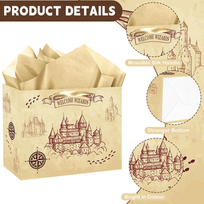 Magical Wizard Gift Bag, Large Wizard Theme Birthday Gift Bag, with Card and Tissue Paper, Christmas Party Favors Supplies for Baby Shower, Kids, Boys, Girls, Birthday, Christmas Celebrations
