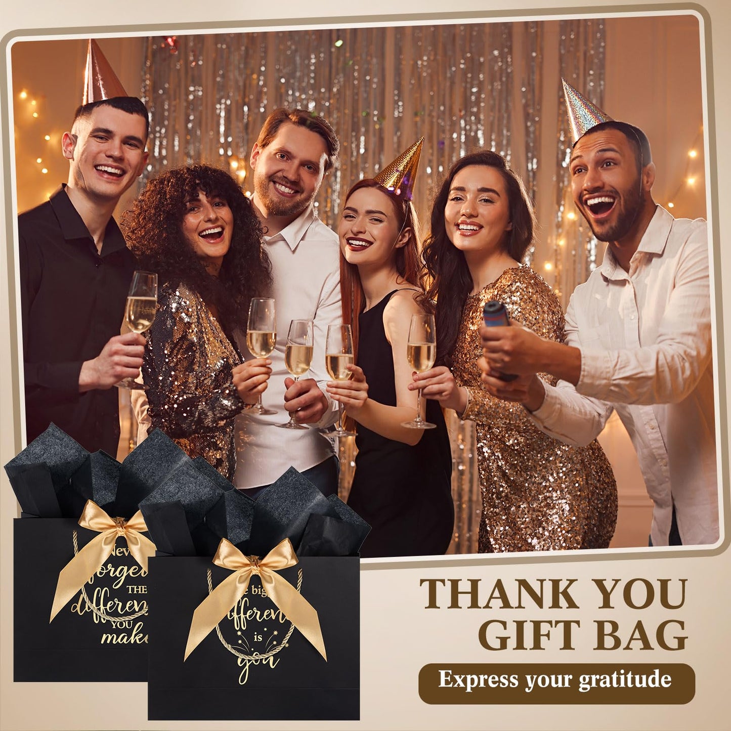 Kolldenn 12 Pcs Large Thank You Gift Bags with Handles Tissue Papers Bows 12.6 x 9.84 x 4.3 Inches Appreciation Bags for Teacher Volunteer Employee Coworker(Black)