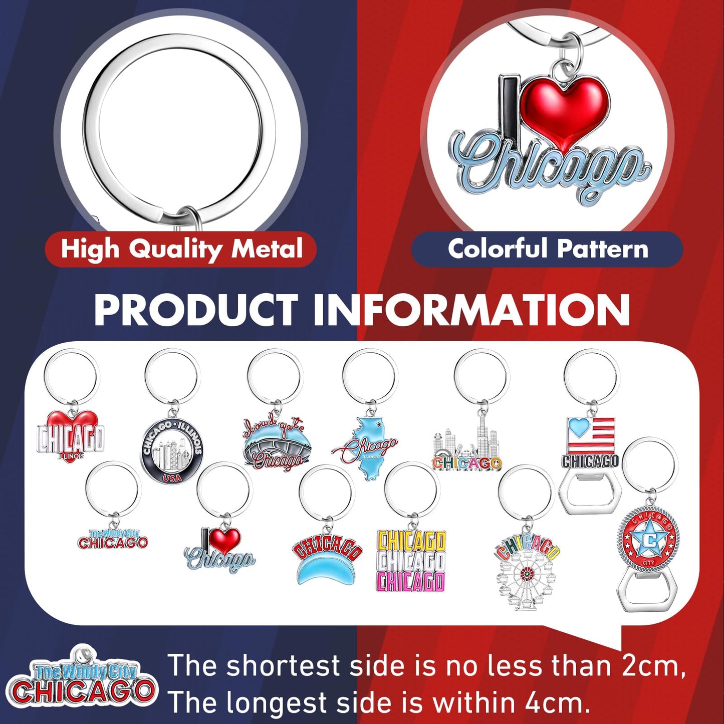 Landical 12 Pcs Chicago Keychains Souvenir Bulk Bottle Opener Keyring Chicago Theme Gifts City Keychains Women Travel Gifts
