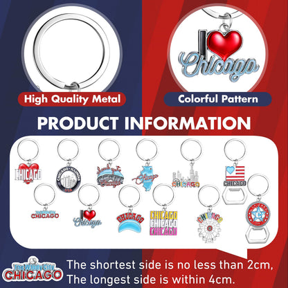 Landical 12 Pcs Chicago Keychains Souvenir Bulk Bottle Opener Keyring Chicago Theme Gifts City Keychains Women Travel Gifts