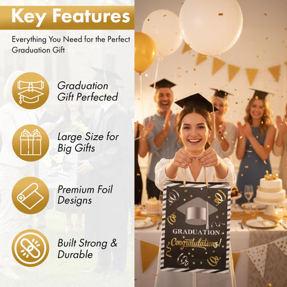 Iconikal 3-Pack Graduation Gift Bags, Large 10.5x13x5.5 Inch, Foil Embellished Designs