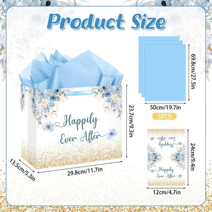 Wedding Gift Bag Bridal Shower Gift Bag with Tissue Paper and Card Engagement Bride to Be Paper Bags Happily Ever Life Wedding Wrapping Paper for Bride to Be Engage Bachelorette Party Supplies Decor