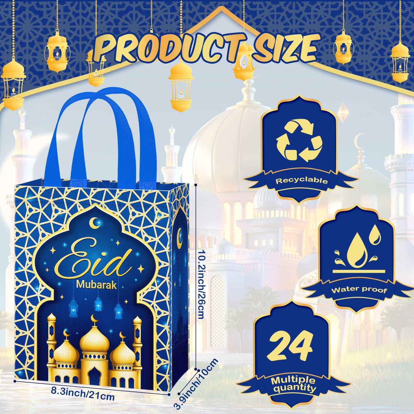 Clysee 24 Pcs Eid Mubarak Reusable Gift Bags With Handles - 6 Colors Non-Woven Ramadan Treat Bags - 10.2 x 8.3 x 3.9 Inch Tote for Gifts Wrapping