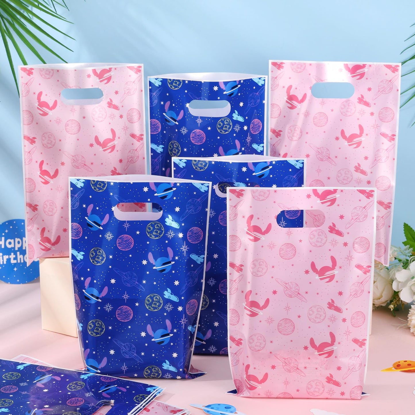 Czlotyh 50 PCS Cartoon Themed Party Favor Bags Plastic Birthday Goodie Bags Blue Pink Candy Bags for Holiday Birthday Party Gift Giving Decorations