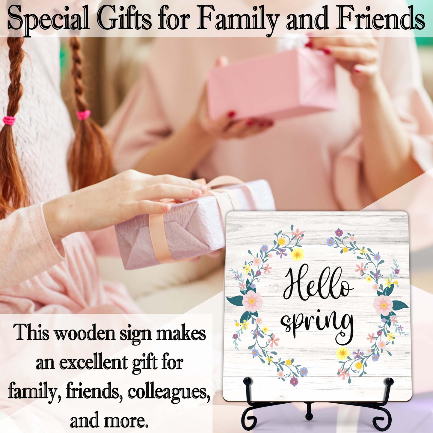 Spring Decor, Hello Spring Wooden Sign, Floral Wreath Desk Wood Decor with Iron Stand, Easter Gifts for Women Wood Sign Decorations for Home Office Bedroom - B05