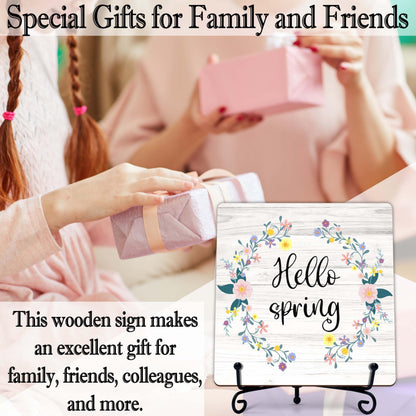 Spring Decor, Hello Spring Wooden Sign, Floral Wreath Desk Wood Decor with Iron Stand, Easter Gifts for Women Wood Sign Decorations for Home Office Bedroom - B05