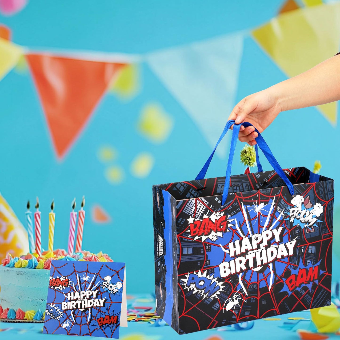 Spider Theme Party Gift Bag, Cartoon Spider Web Birthday Bag with Card & Wrapping Paper for Men Kids Birthday Party Celebration Supplies