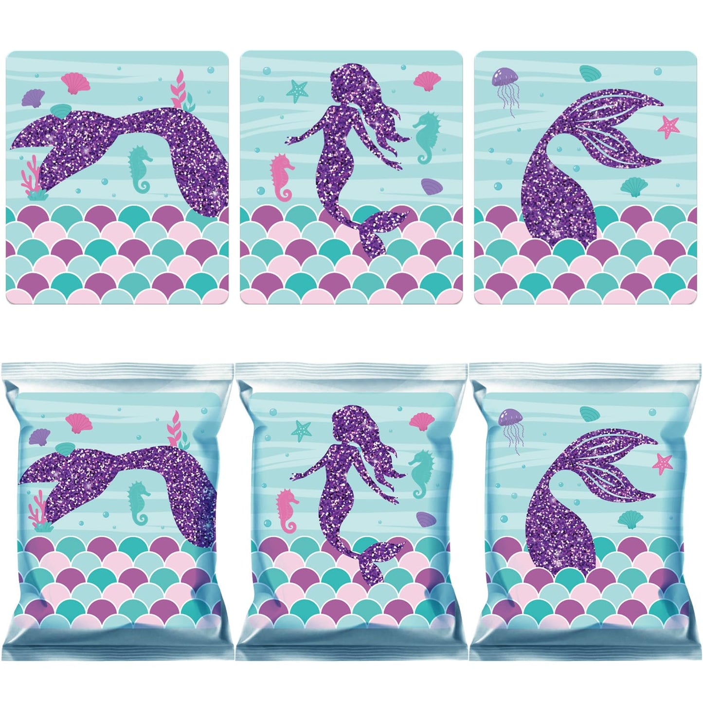 Marspark 36 Pcs Large Size Mermaid Birthday Stickers for Chip Bag 3 Style Mermaid Sticker Party Supplies for Ocean Under the Sea Birthday Snack Goodie Bags Gifts and Decorations, 4 x 3.5 Inches