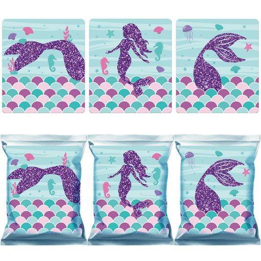 Marspark 36 Pcs Large Size Mermaid Birthday Stickers for Chip Bag 3 Style Mermaid Sticker Party Supplies for Ocean Under the Sea Birthday Snack Goodie Bags Gifts and Decorations, 4 x 3.5 Inches