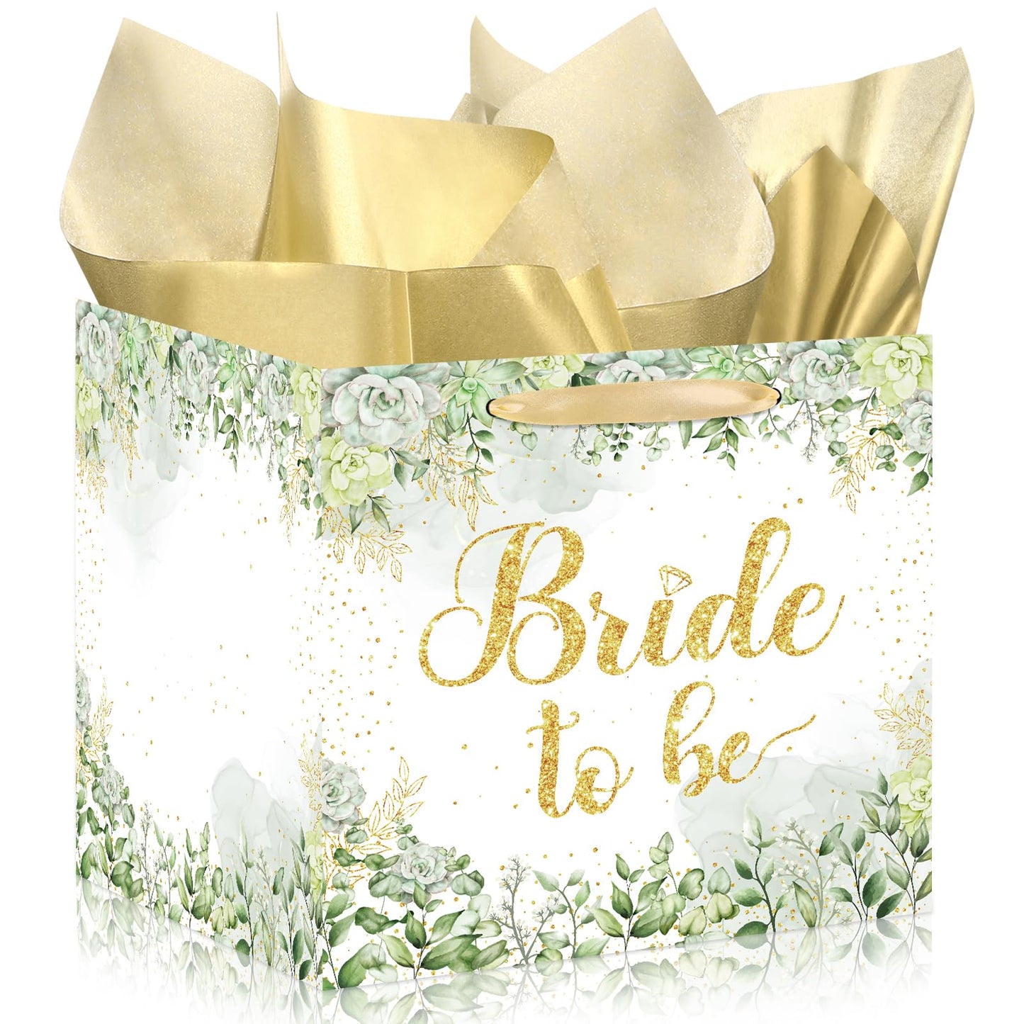 Woosytoo Large Bridal Shower Square Gift Bags Sage Green Bride Gift Bag with Tissue Paper Bridal Wrapping Paper Bachelorette Engagement Wedding Shower Favor Bag for Bride to Be Party Decoration