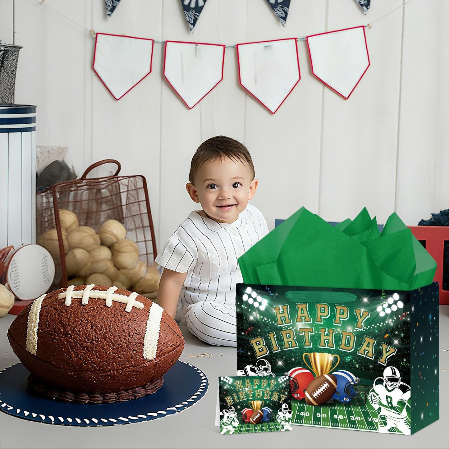 Hooqict Large Football Gift Bag with Handles, Tissue Paper and Greeting Card Football Birthday Party Gift Wrapping Bag for Boys Men Sport Themed Goodie Treat Party Favors