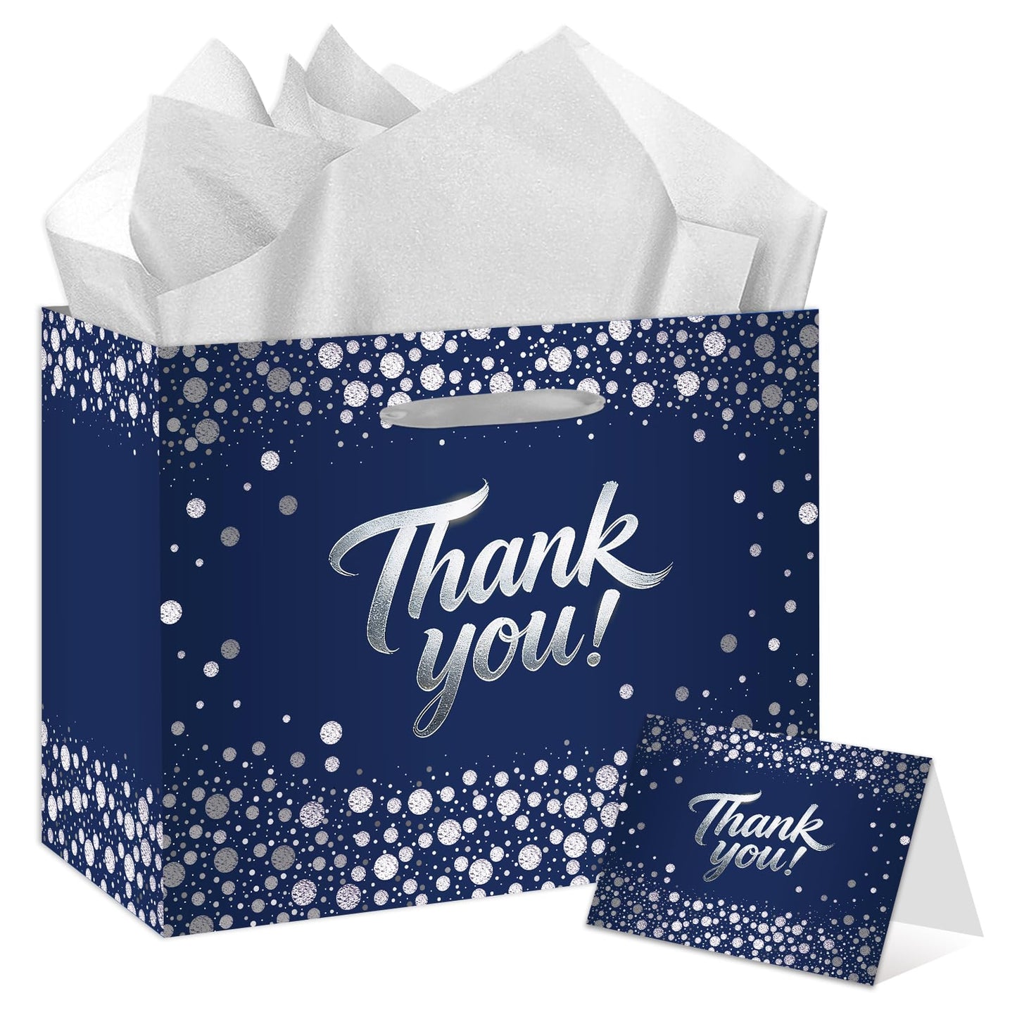 Large Thank You Gift Bag - Blue Silver Gift Wrapping Paper Bag with Tissue Paper and Greeting Card with Envelope - Elegant Silver Foil Design for Weddings, Baby Showers, Graduation, and Corporate Events