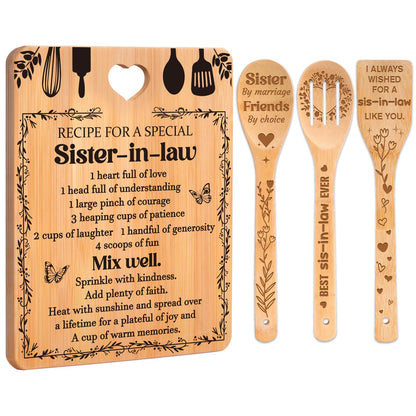 Gifts for Sister in Law - "Recipe for a Special Sister-in-Law", Sister in Law Birthday Gifts Engraved Bamboo-Made Cutting Board Set, Mothers Day Gifts for Sister in Law.