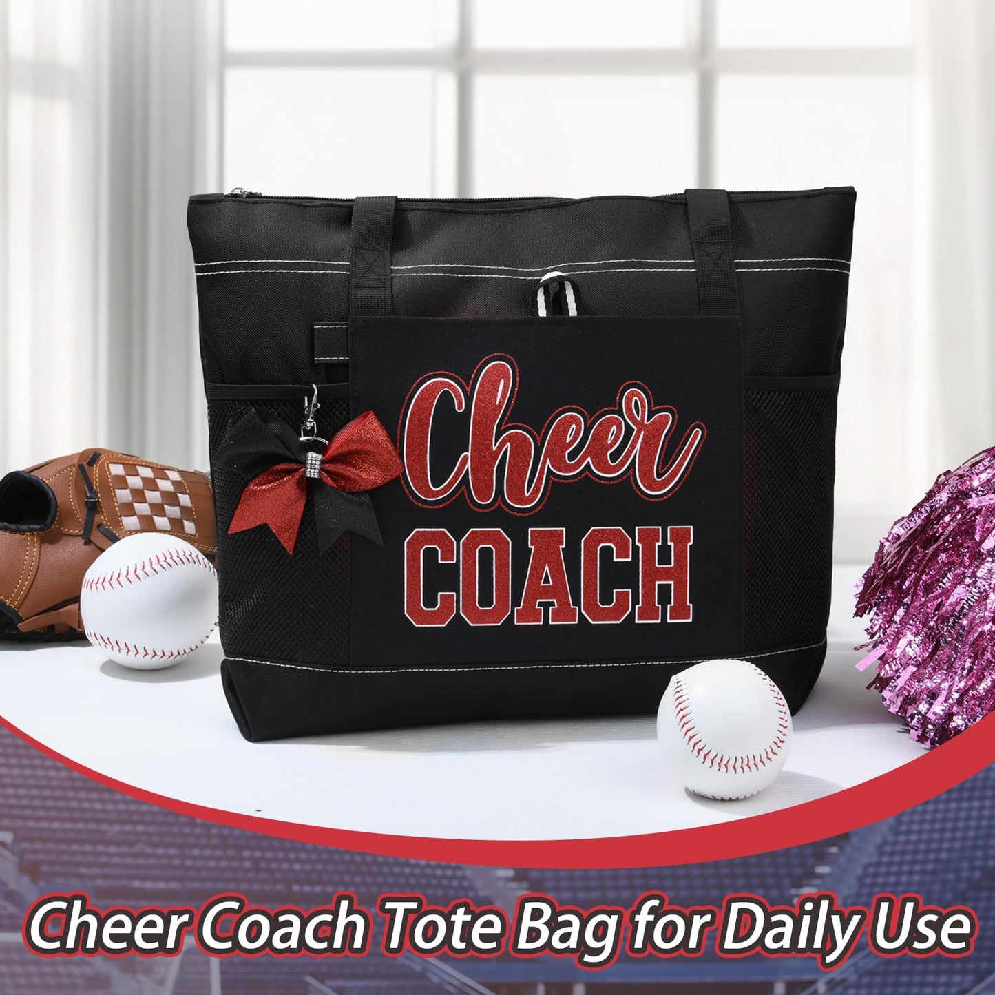 Aileam Cheer Coach Tote Bag for Cheerleaders Cheerleading Coach Gift Large Canvas Cheer Bag with Zipper Reusable Shopping Bag for Cheerleader Cheer Stuff Organizer for Girls Coaches