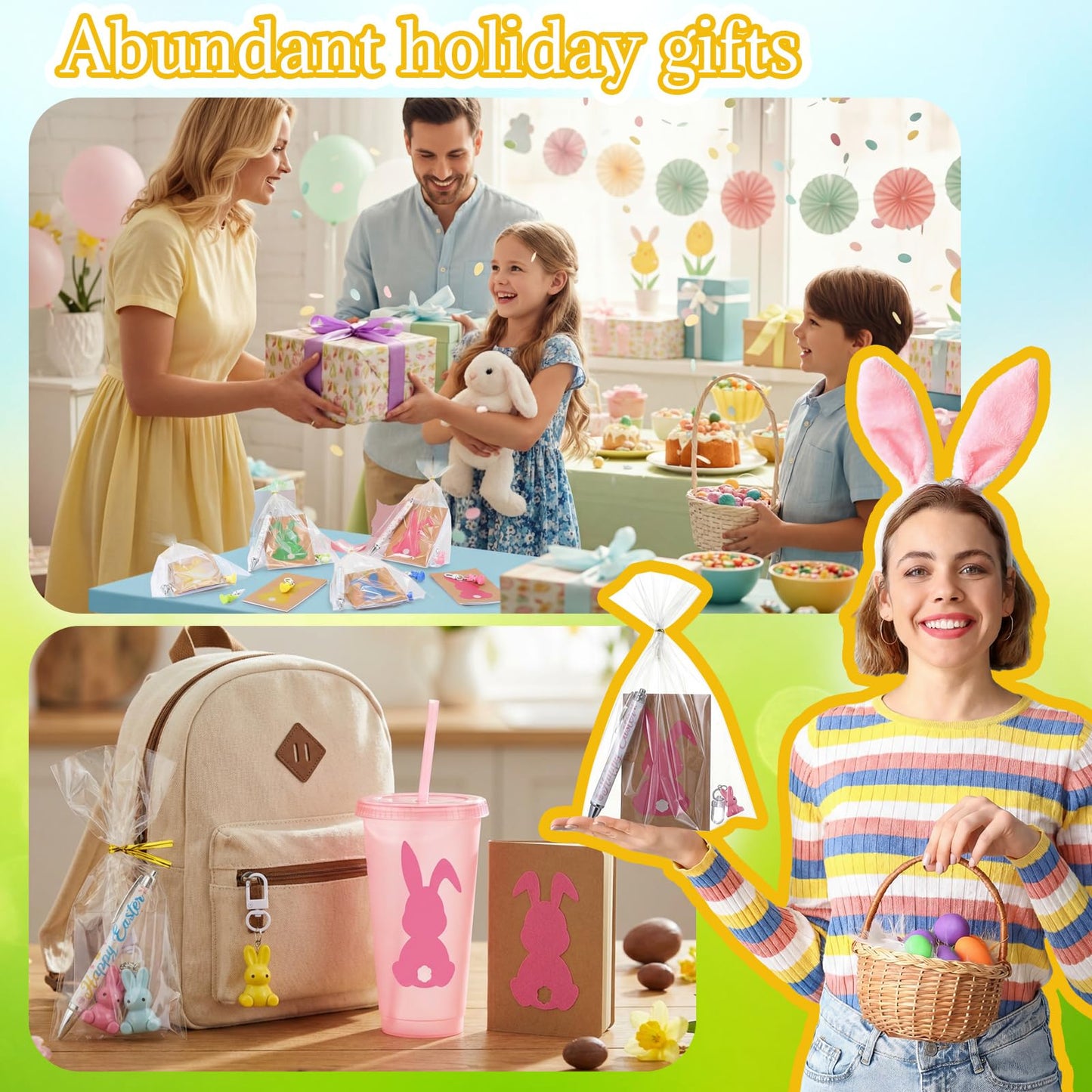 Willinglong 12 Set / 60 Pcs Easter Gift Include 24 oz Tumbler with Lids and Straws, Bunny Notebook, Colorful Pen for Easter Party Favor Basket Stuffers Classroom Prizes Gifts