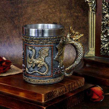 alikiki Medieval D&D Dragon Coffee Mug - 15.8oz Stainless Gold Roaring Dragon Beer Drink Mug for GOT Lovers Collector Ideal Novelty Gothic Father Day Gift Party Decoration