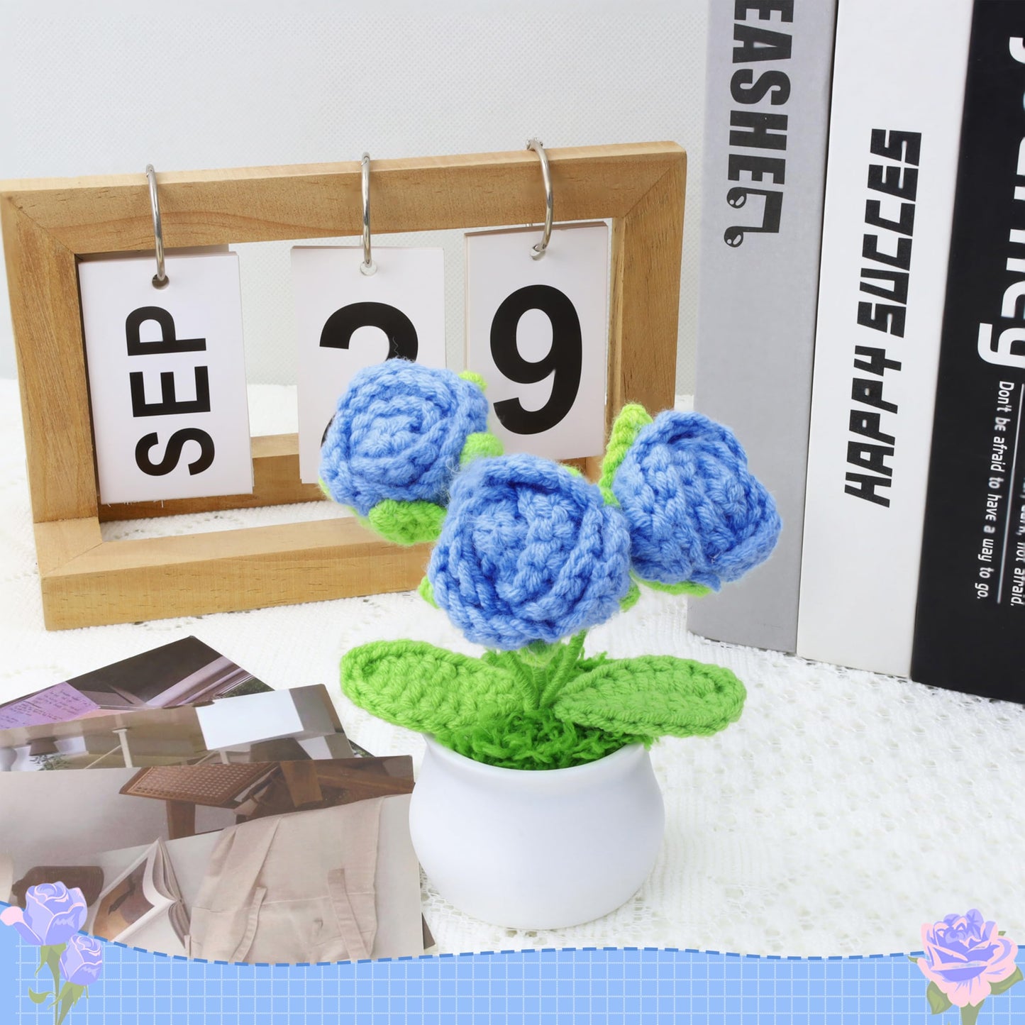LAIDANLA Crochet Flowers Blue Roses Mini Potted, Handmade Blue Rose Anniversary Appreciation Birthday Gifts for Women Friend Teacher Coworker Mom Sister Knitted Flower for Desk Car