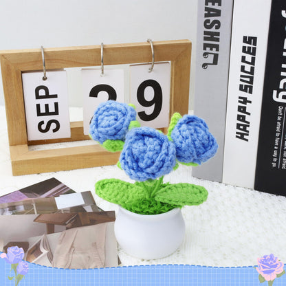 LAIDANLA Crochet Flowers Blue Roses Mini Potted, Handmade Blue Rose Anniversary Appreciation Birthday Gifts for Women Friend Teacher Coworker Mom Sister Knitted Flower for Desk Car