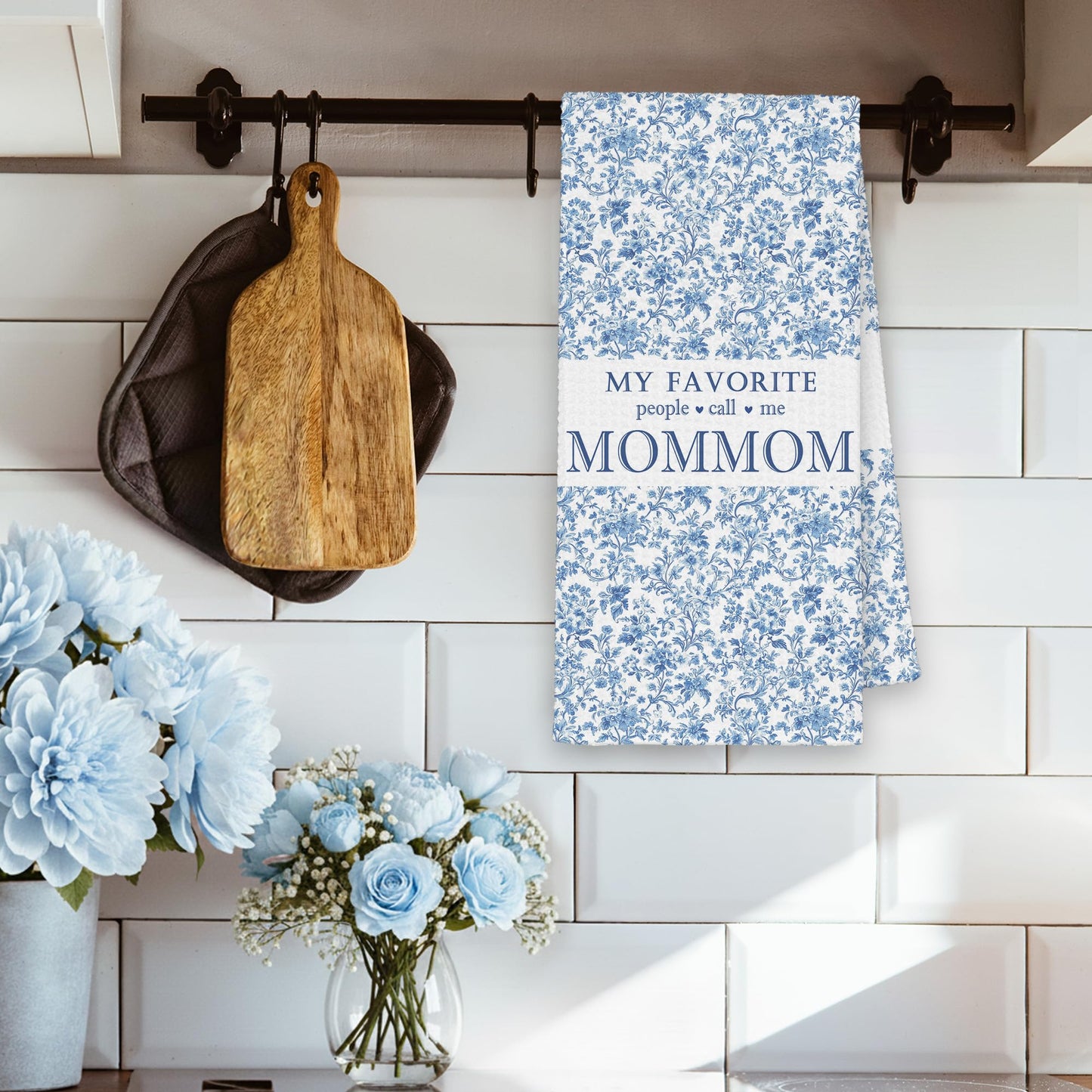 My Favorite People Call Me Mommom Gifts Kitchen Towels, Grandma Bathroom Hand Towels Gifts for Christmas Mother's Day, Blue And White Porcelain Chinoiserie Floral Tea Dish Towel Decor 16x24in