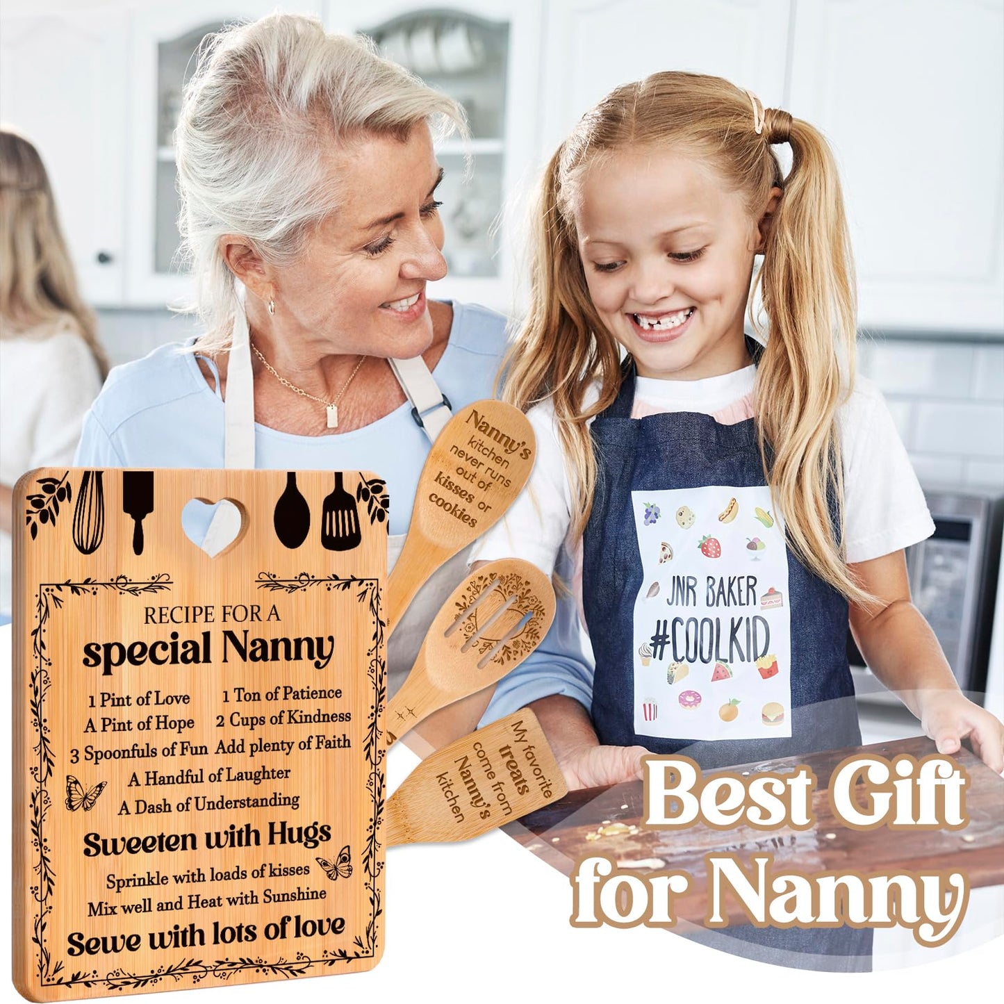 Gifts for Nanny - "Recipe for a Special Nanny" Nanny Gifts Cutting Board Set, Bamboo-Made Engraved Utensil Set Nanny Gifts for Grandma, Mothers Day Gifts for Nanny