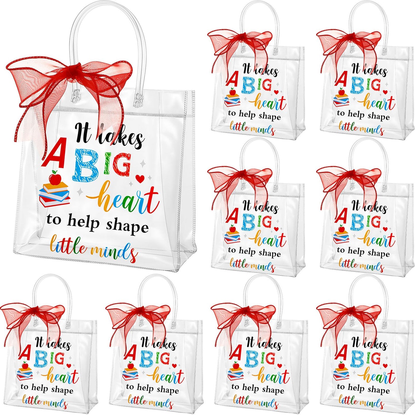 Henoyso 24 Pcs Teacher Appreciation Gift Bags Bulk Clear PVC Party Favor Bags with Handles and Ribbon, 7.8 x 7.8 x 3.1 Inches Plastic Candy Goodie Treat Totes for End of Year Wrapping Supplies
