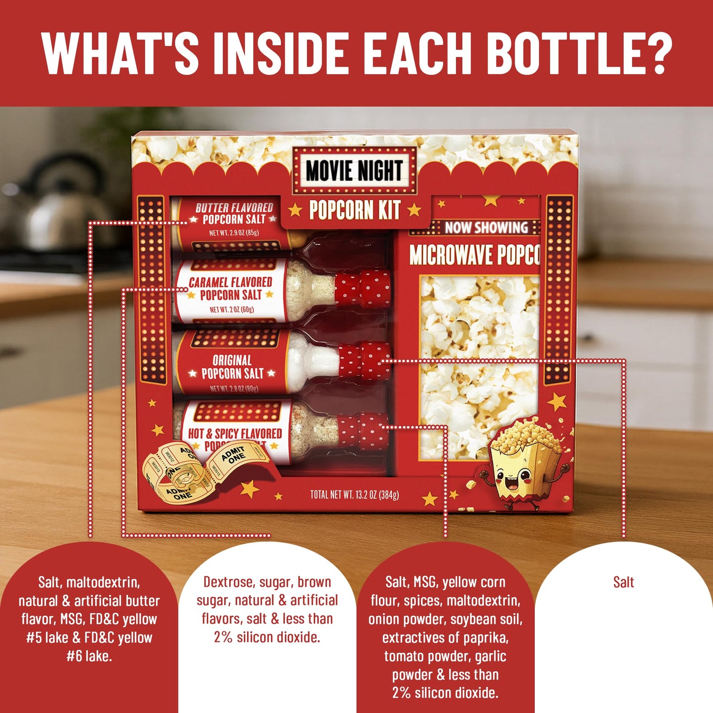 Movie Night Popcorn Kit with Popcorn Seasoning & movie night supplies, Fun Gift Basket for Families, House Warming Gifts New Home, or Birthday