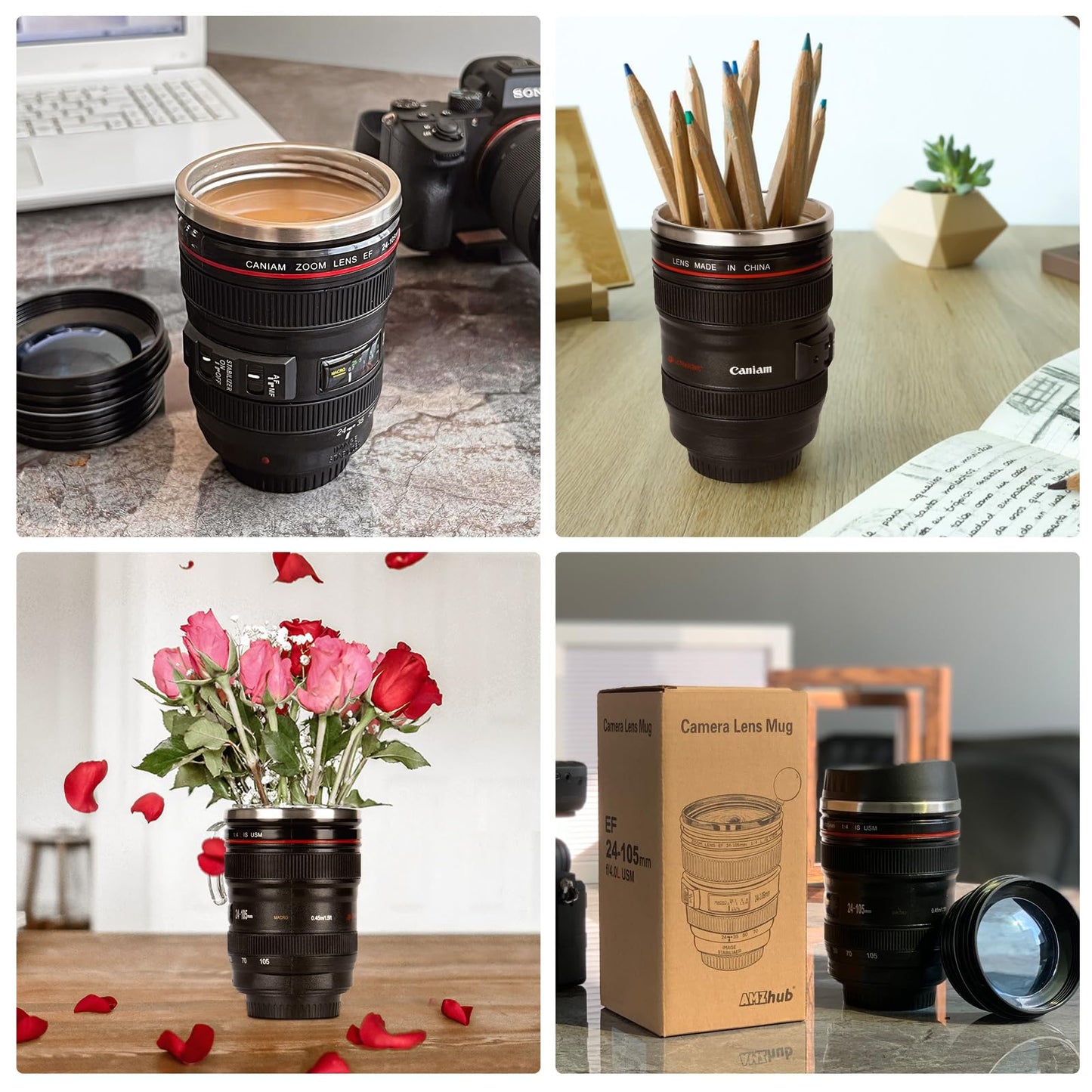Camera Lens Coffee Mug,Travel Coffee Cup,Stainless Steel Lens Mug Thermos Camera Mugs with Lid and Spoon,Cool Gifts for Photographers Men and Women
