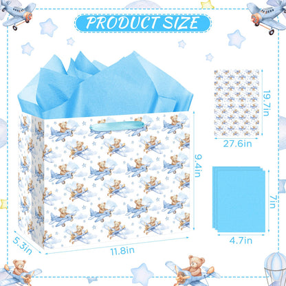 Baby Boy Gift Bag Baby Shower Bags for Boys Kids Blue Bear Wrapping Paper Bag with Handle Tissue Paper and Greeting Card for Kids Birthday Party Decorations Newborn Celebration Favors