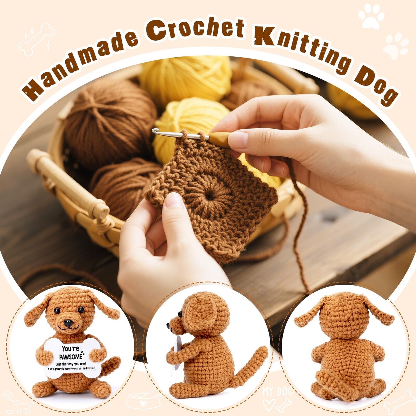 Funny Dog Gifts for Girls Boys Women Men Birthday Fathers Day Presents, Mini Cute Stuff Cool Things, Small Puppy Dog Stuffed Animal Plush, Emotional Positive Support Crochet Desk Decor Accessories