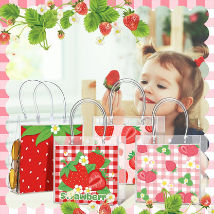 Teenyyou 24 Pcs Strawberry Party Favor Bags Clear PVC Goodie Treat Tote Gift Bags with Handles Strawberry Theme Birthday Party Supplies