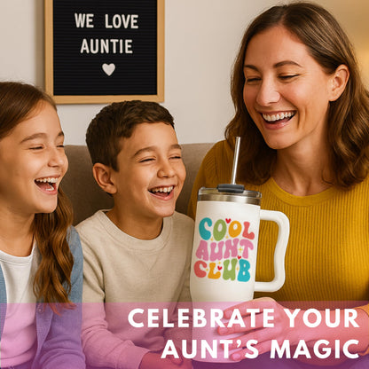 Mothers Day Gifts for Aunt - Cool Aunt Club Coffee Tumbler 40Oz, Best Auntie Gifts from Niece Nephew for Birthday, Presents for First Time & Best Auntie Ever, New Aunty Cup with Handle Straw