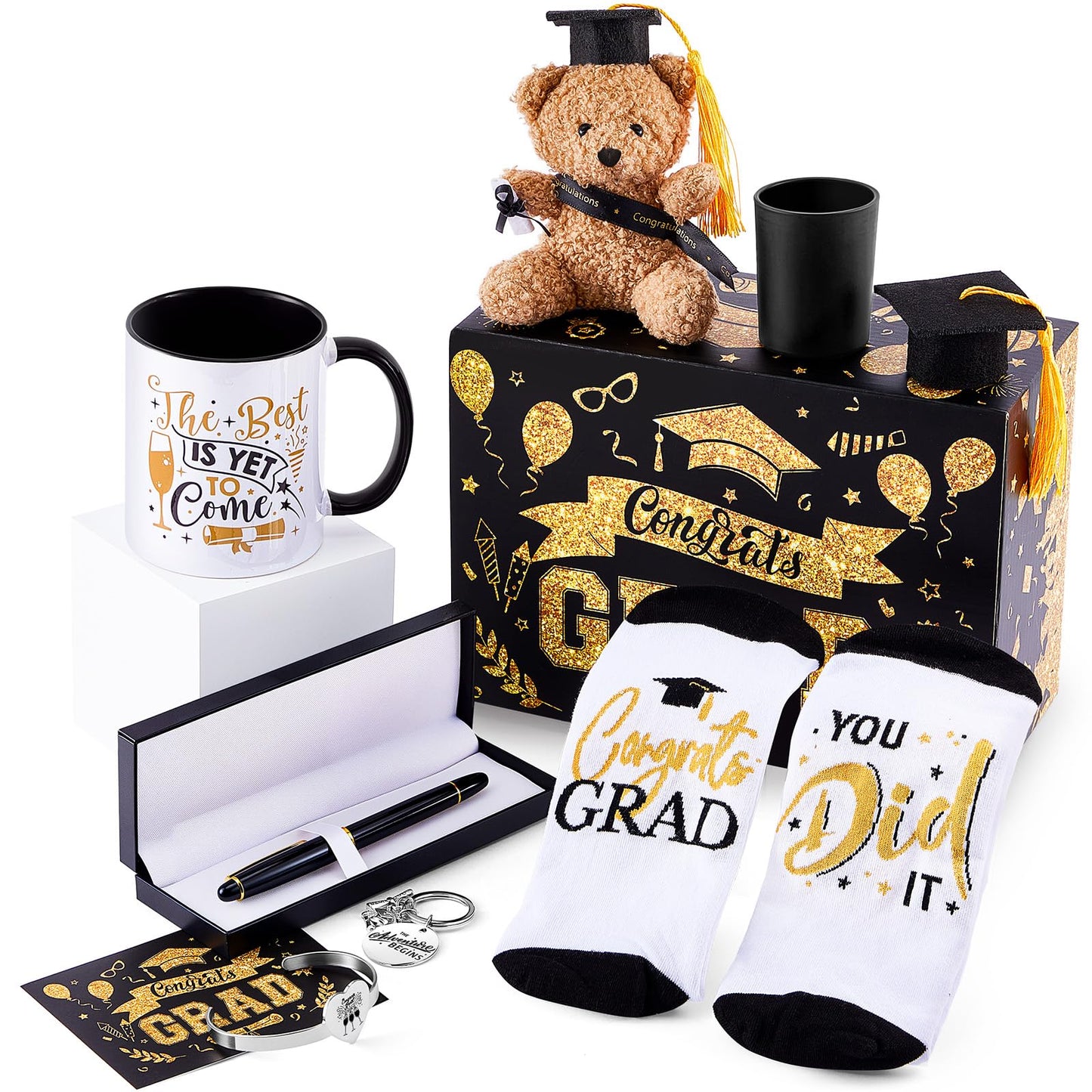 Tenceur 2026 Graduation Gift Set for Him Her Congrats Favor Basket Grad Box Bear Sock Bracelet Mini Graduation Hat for School(Black)