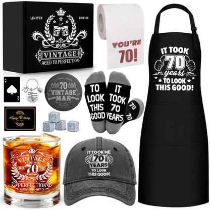 70th Birthday Gifts for Men Whiskey Glass Set, 70th Birthday Party Supplies with 11 Oz Whiskey Glass Coaster Stone Baseball Cap Apron Sock Toilet Paper Keychain for Him, Dad, Husband, Friends