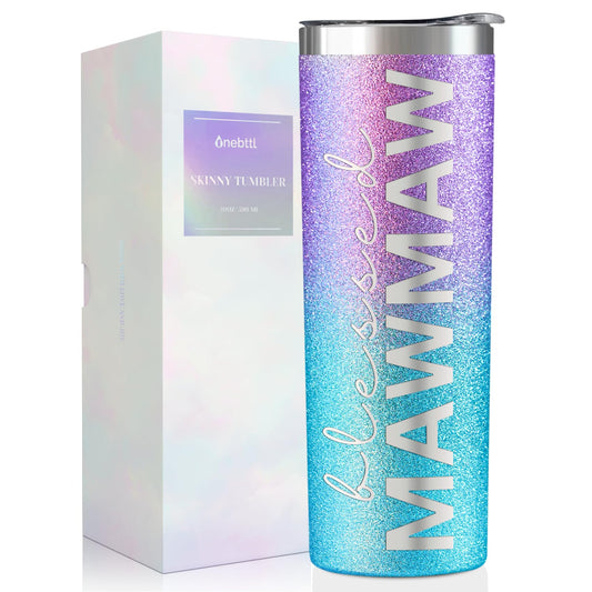 Onebttl Mawmaw Gifts for Grandma's Mother's Day, 20oz Purple & Blue Glitter Skinny Tumbler, Straw & Lid Included, Christian Gifts for Blessed Mawmaw