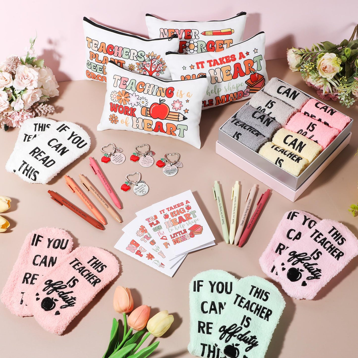 Fulmoon 40 Pcs End of Year Teacher Gifts Bulk Socks Makeup Bags Keychains Motivational Notebooks Ballpoints for Women Teacher Graduation Gifts