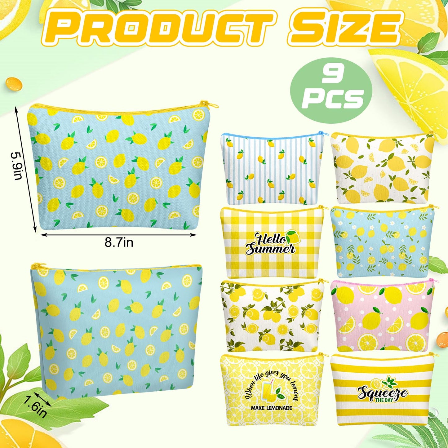 Tallew 9 Pcs Lemon Makeup Bags for Women Lemon Themed Gifts Cosmetic Bag Purse Summer Travel Organizer Zipper Pouch Survival Kit for Women Sister Friend Fruit Lover Birthday Gifts