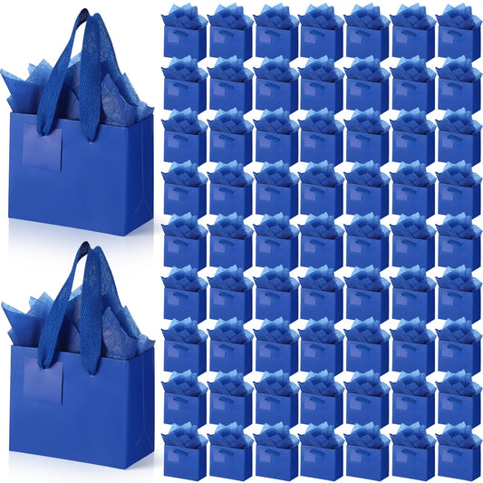 Zhanmai 100 Pcs 4.7 x 2.4 x 3.9 Inch Mini Gift Bags Bulk with Tissue Paper Small Kraft Paper Bag with Handle Gift Tag for Birthday Party, Wedding, Graduation, Mother's Day, Father's Day(Dark Blue)