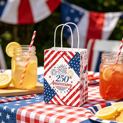 Qpout 12PCS 250th Anniversary Patriotic Gift Bags, Double Sided 1776-2026 Red White Blue Paper Bags with Handles, Bulk 4th of July Favor Bags for Independence Day, Memorial Day, Parades, Patriotic Holiday Party Supplies
