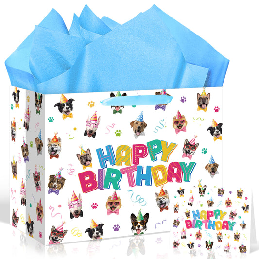Wauprant Dog Birthday Gift Bag with Tissue Paper Greeting Card Puppy Happy Birthday Bags Wrapping Bag Puppy Theme Party Decorations Favor Supplies for Boys Girls Dog Lover
