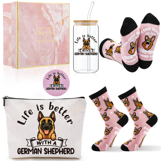 Kacctyen 5 Pcs Christmas German Shepherd Gifts for Women German Shepherd Dog Lover Gifts 16oz Glass Cup Tumbler with Lid Straw Makeup Cosmetic Bag Pocket Mirror Sock for Pet Mom Birthday Party Favors