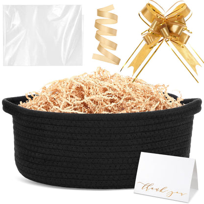Colingmill Graduation Woven Basket with Gift Bags and 2 Ribbons, Raffia Grass Paper Shred Filler, Gift Card, Empty Small Rope Basket for Storage Presents Toy Organizer(Black,12 * 8 Inch)