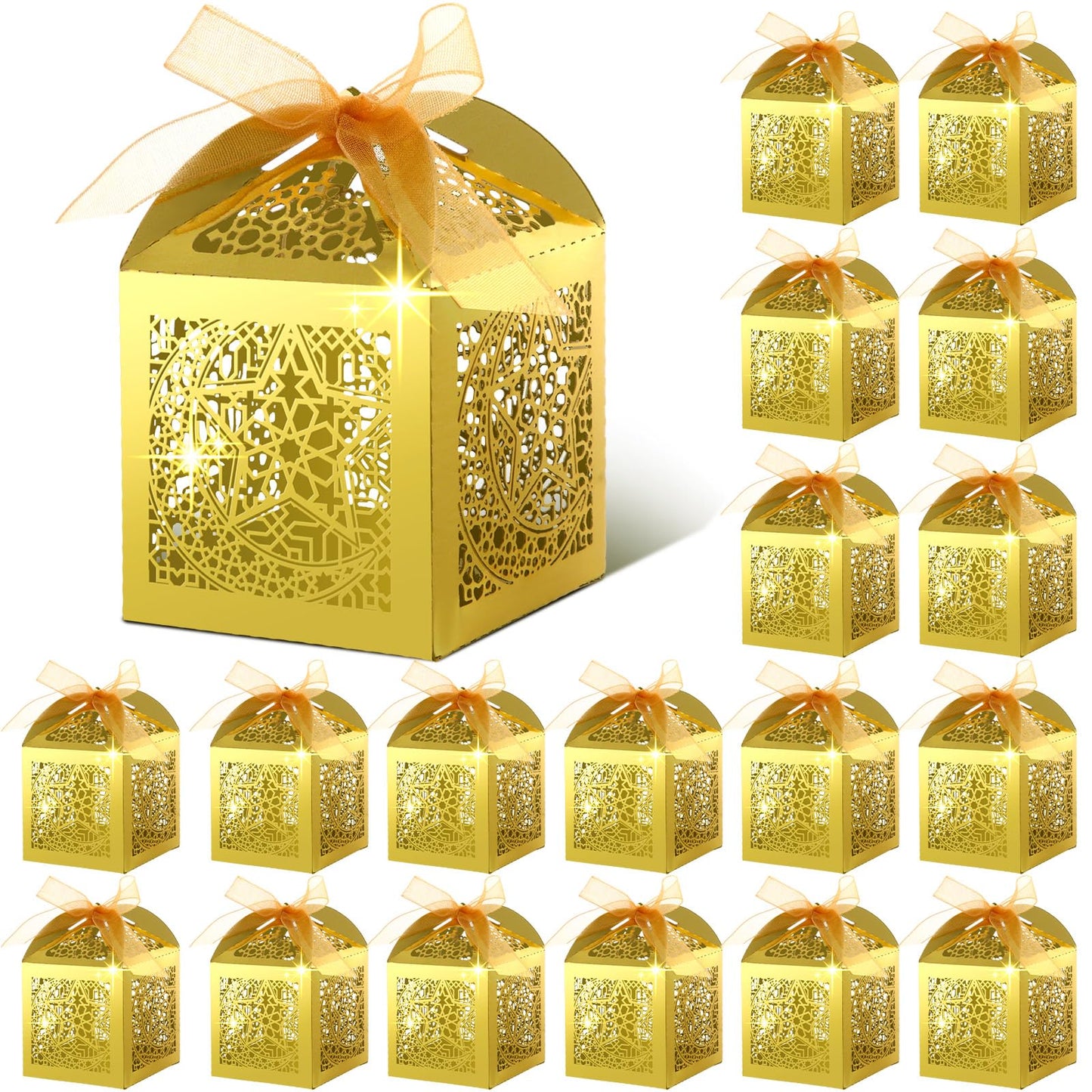 ReliThick 50 Pcs Ramadan Eid Mubarak Candy Box Set Ramadan Gift Boxes with Ribbons Muslim Party Favor Boxes Paper Thank You Gift Box for Eid Islamic Party Birthday Decorations(Star)