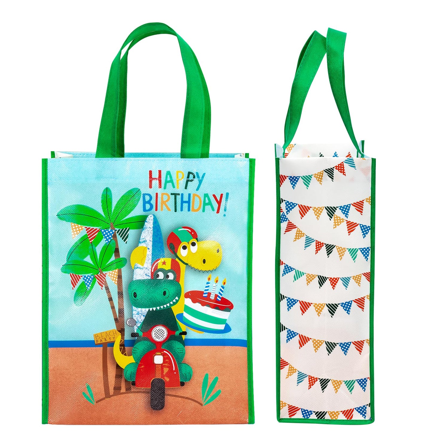 WRAPAHOLIC Large Reusable Dinosaur Birthday Gift Bag with Handles - 10 x 5 x 13 inch - Dinosaur Happy Birthday
