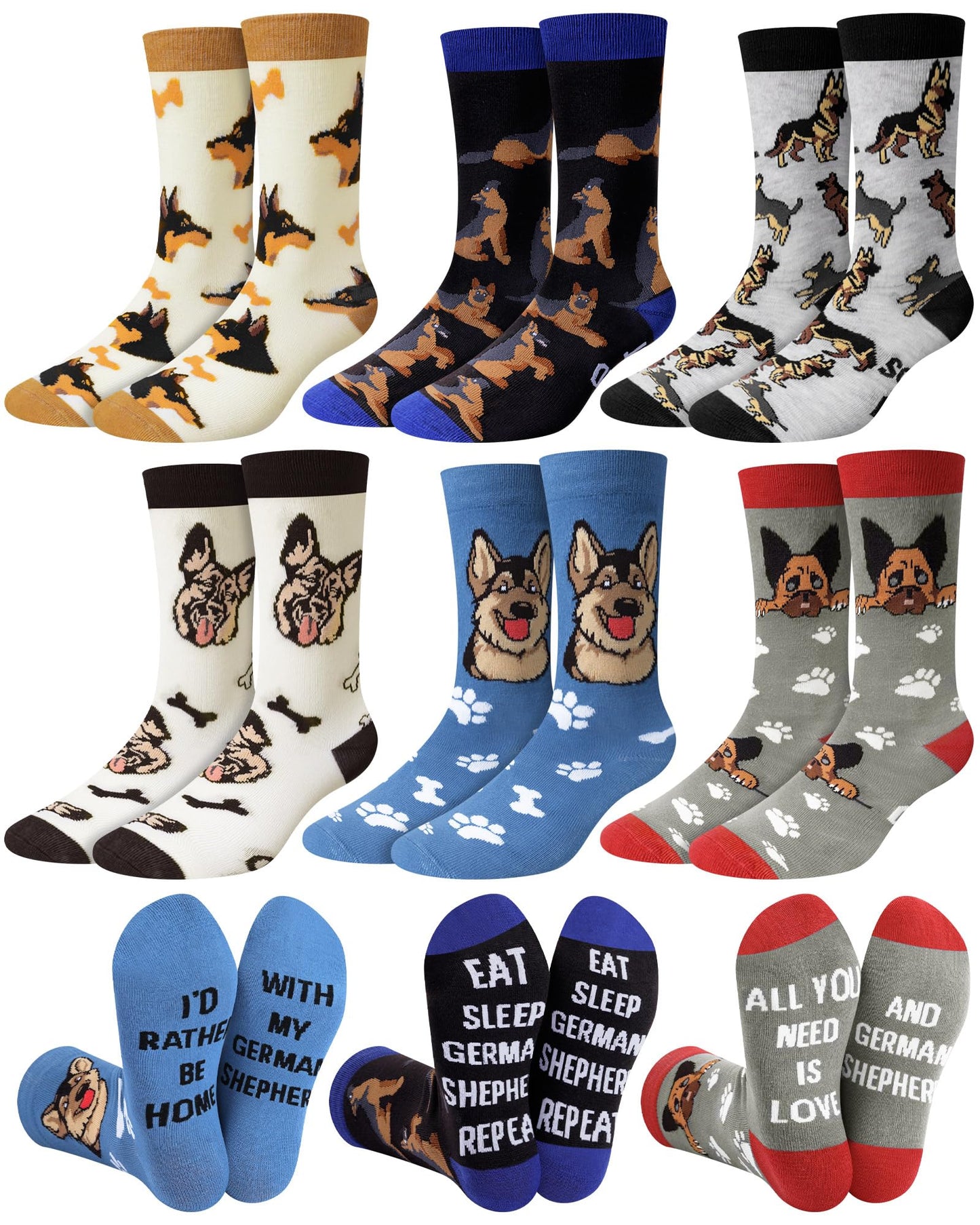 Cuffbow 6 Pairs German Australian Shepherd Socks for Men Funny Cotton Dog Crew Socks Shepherd Dog Lovers Gifts