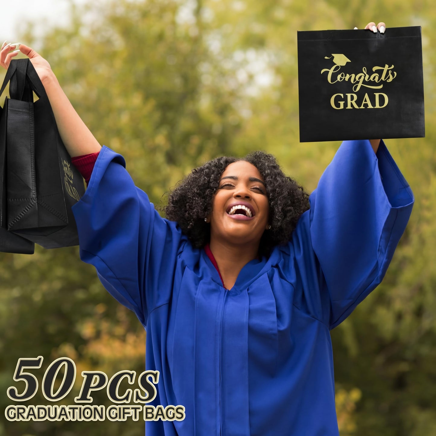 Sweetude 50 Pcs Graduation Gift Bags Bulk with Handles Reusable Congrats Grad Non Woven Tote Bags 12 x 11 x 5 Inches Black and Gold Graduation Party Favors for College High School Party Supplies