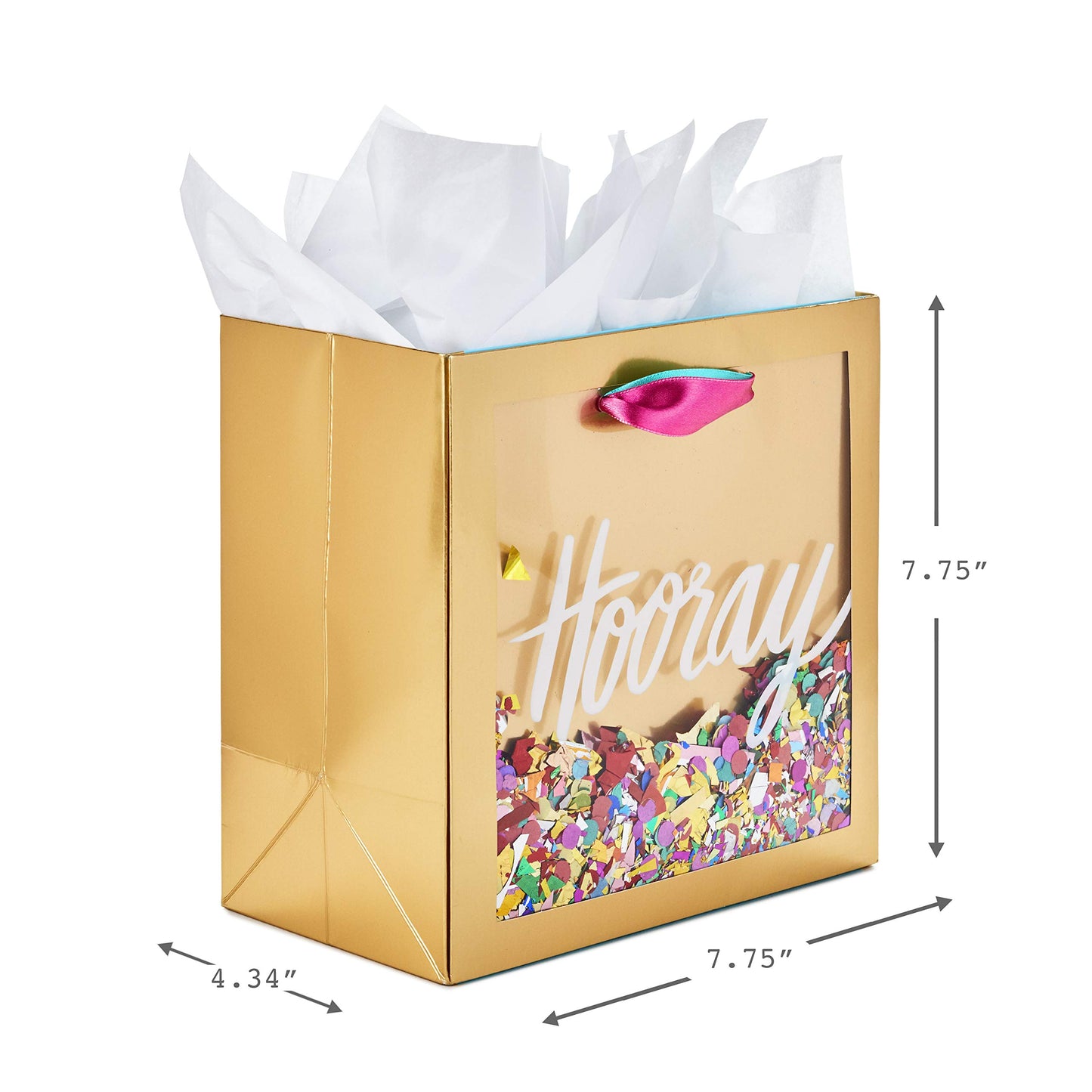 Hallmark Signature 7" Medium Gift Bag with Tissue Paper (Hooray; Gold with Pink, Teal, Purple Confetti) for Bridal Showers, Graduations, Retirements and More