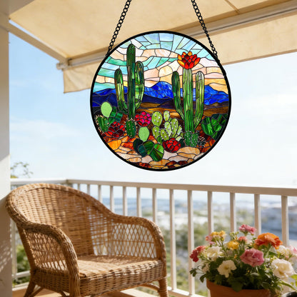 DASTOLL Stained Glass Window Hanging, Green Cactus Suncatcher for Doors Window Home Plant Landscape Sun Catchers Decoration Mother's Day Birthday Gifts for Women, Men, and Mom 7.8 in